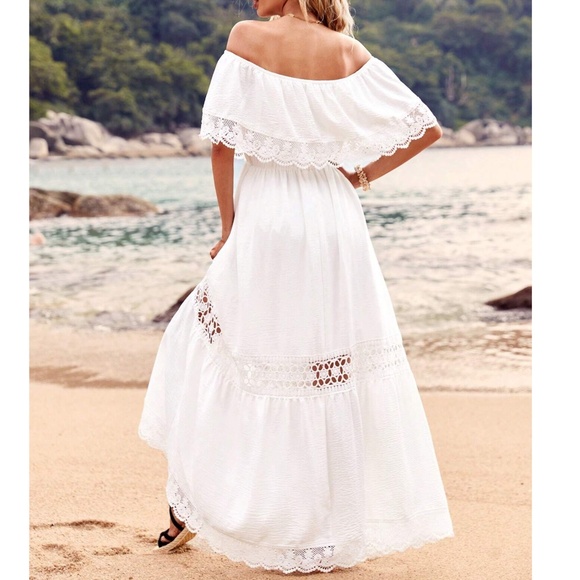 Boho White Lace Off Shoulder Maxi Dress - Picture 4 of 5